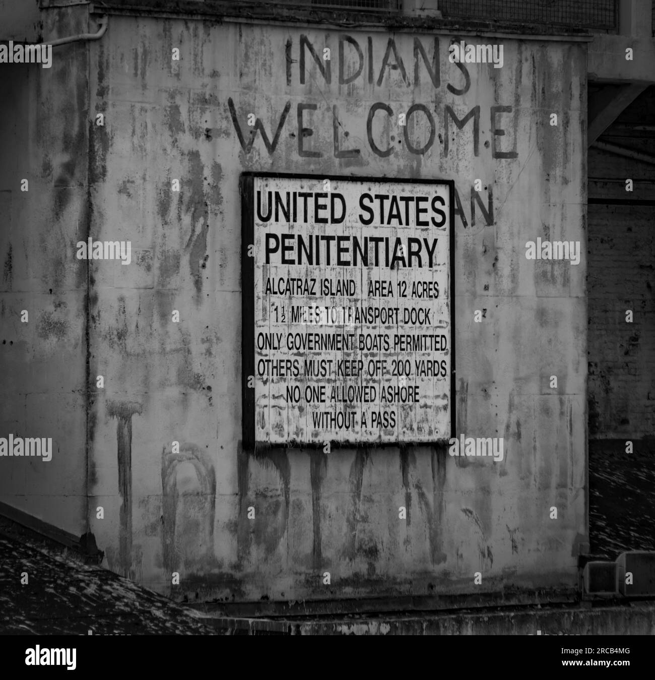 Plaque sing with indians welcome and penitentiary writings Alcatraz, San Francisco, California Stock Photo