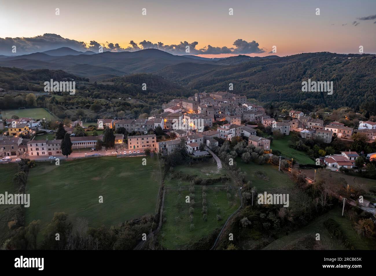 Aerial view, Italy, Tuscany, region of Siena, province of Grosseto, mountain village of Torniella Stock Photo