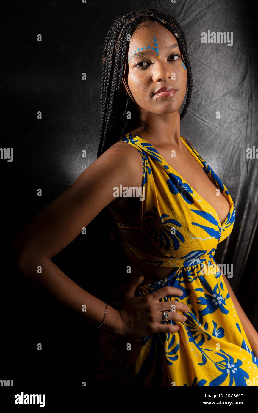 Portrait of a beautiful black woman with long braids in her hair and ...