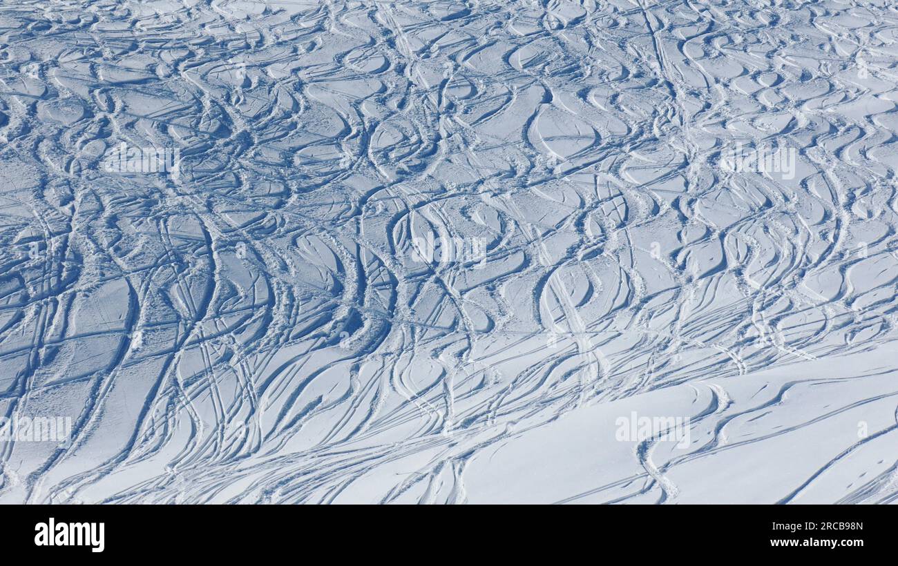 Freeride ski and snowboard tracks in powder snow Stock Photo by salajean