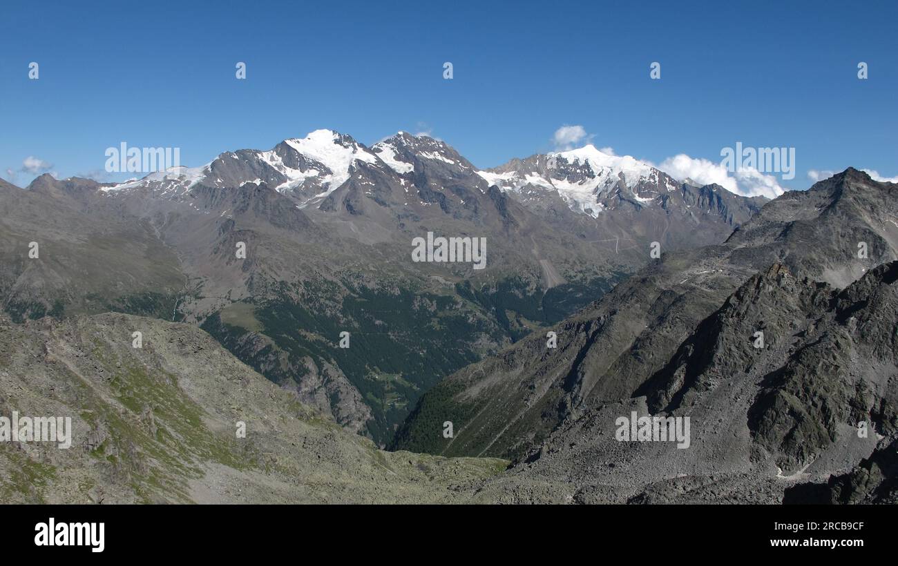 Saas Fee valley and high mountains Stock Photo