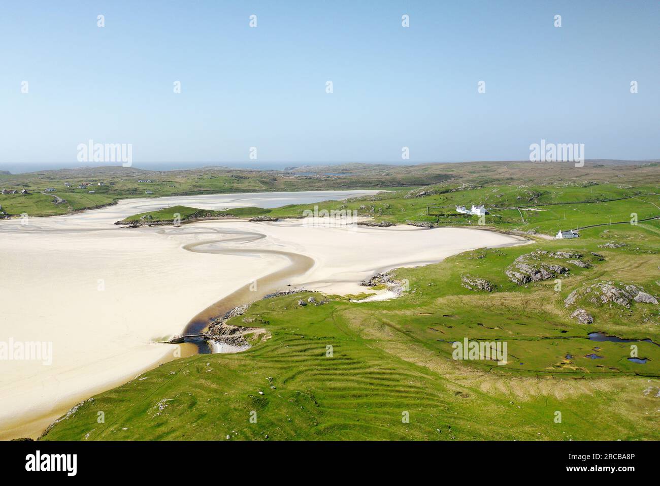 Uig Sands aka Traigh Uuige, Uig Bay, Lewis, Outer Hebrides. Looking north west from near Dun Borranish. Aerial Stock Photo