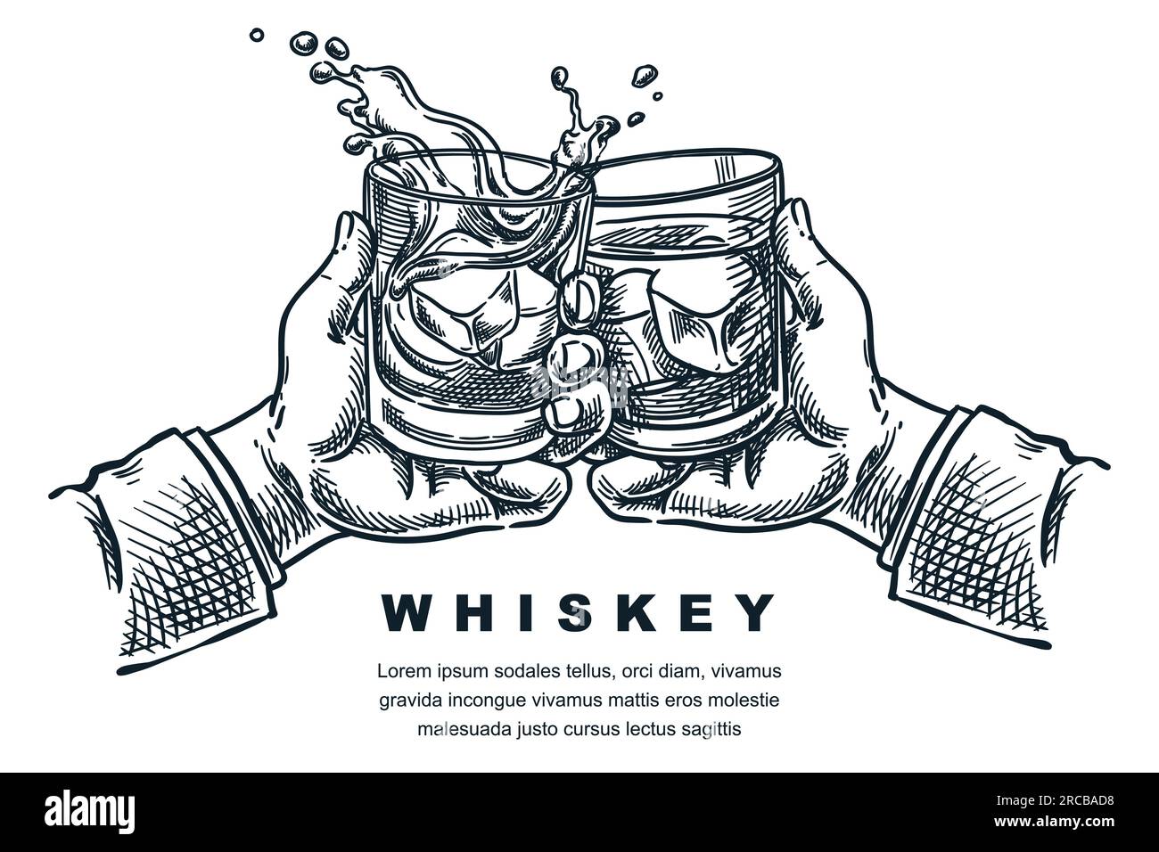 Men's hands cheers toast with scotch whiskey or bourbon glasses. Vector hand drawn engraved sketch illustration isolated on white background. Alcohol Stock Vector