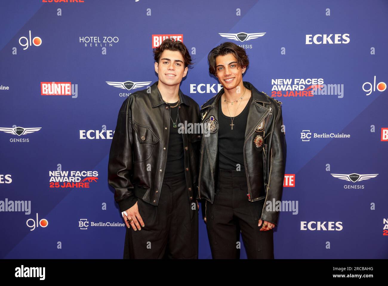 Berlin, Germany. 13th July, 2023. Benji Krol (l) and Nic Kaufmann arrive at the Bunte New Faces Award Style ceremony at the Prince Charles. Young talent was honored for the 23rd time. Credit: Gerald Matzka/dpa/Alamy Live News Stock Photo