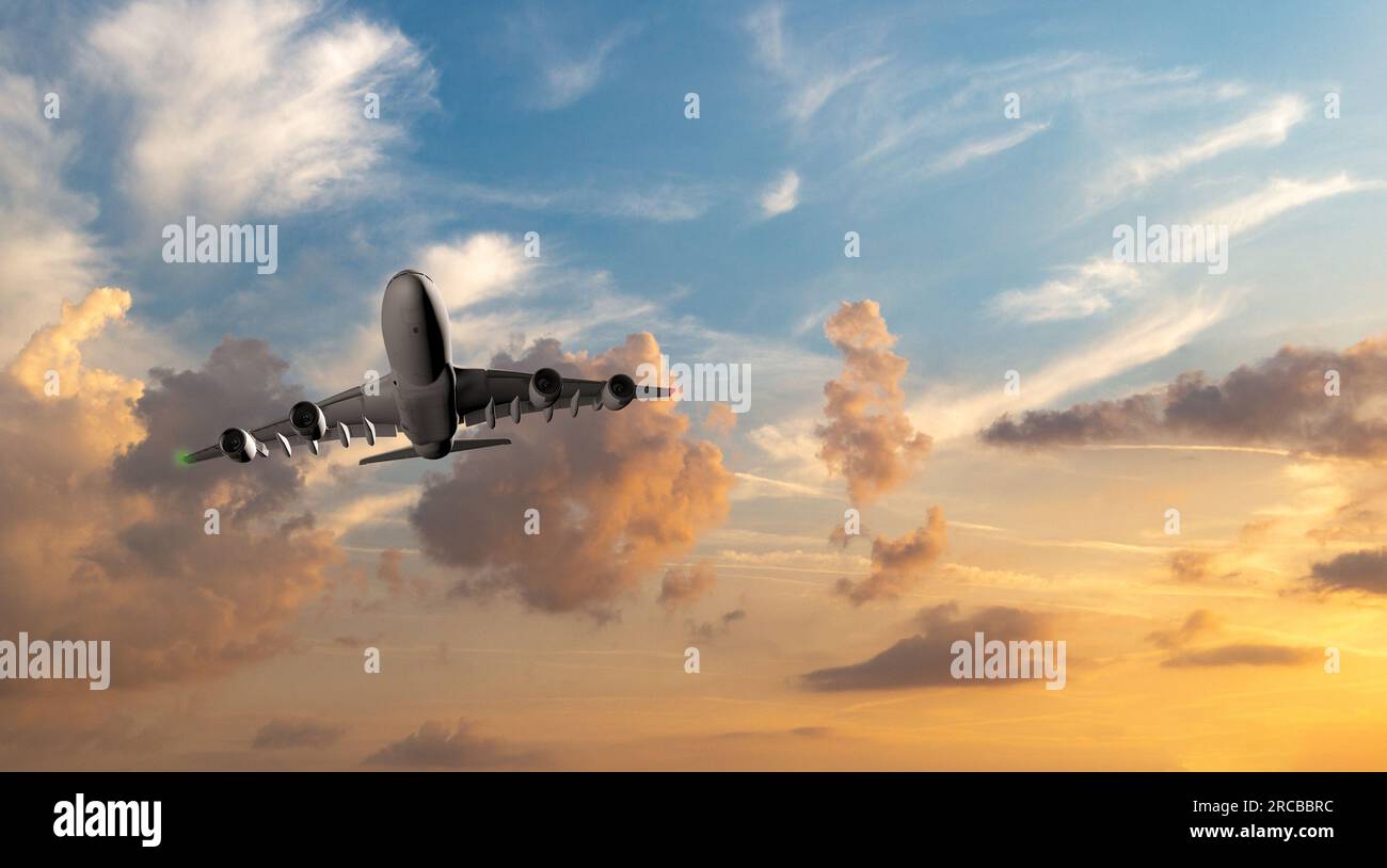 Passenger commercial aircraft flying above the clouds in sunset light ...