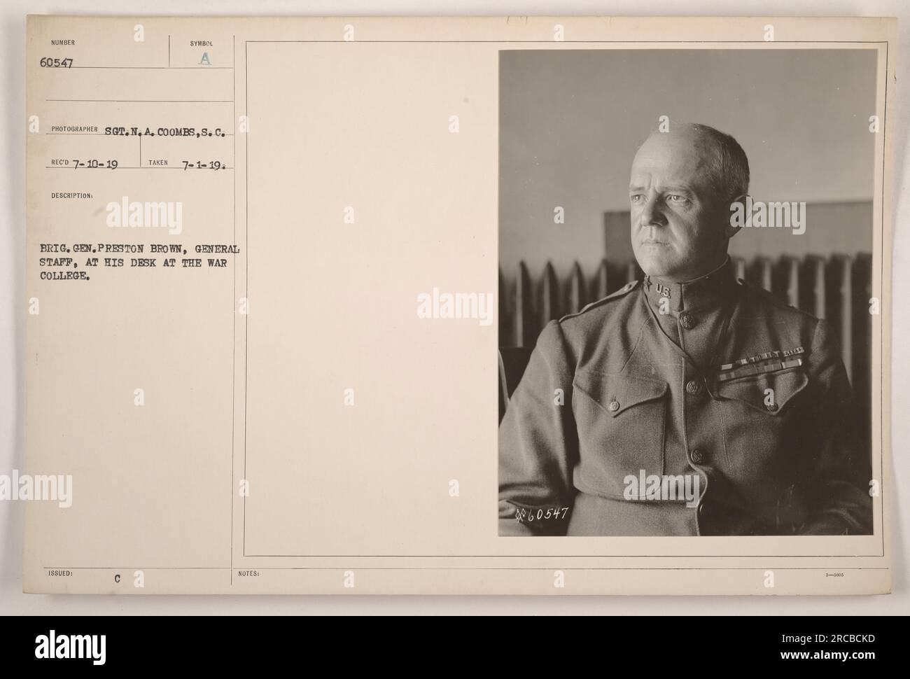 Brig. Gen. Preston Brown seen at his desk at the War College. The photograph was taken on July 1, 1919, by the photographer Sot. N. A. Coombs. Gen. Brown, who was part of the General Staff, was captured in this image while performing his duties at the War College. Stock Photo