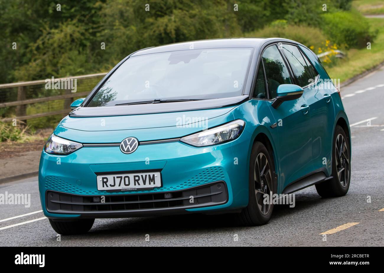 Milton Keynes,UK - July 13th 2023: 2020 turquoise electric VOLKSWAGEN ID3 LIFE car driving on an English road Stock Photo