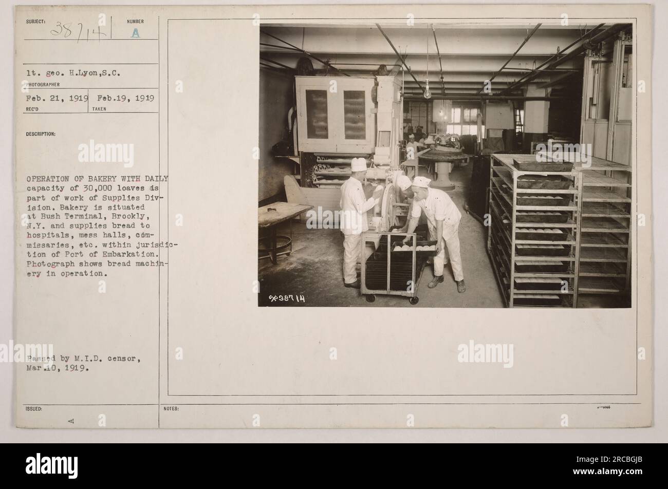 The photograph shows the operation of a bakery with a daily capacity of 30,000 loaves as part of the work of the Supplies Division during World War One. The bakery is located at Bush Terminal in Brooklyn, New York, and supplies bread to hospitals, mess halls, commissaries, etc. within the jurisdiction of the Port of Embarkation. The image depicts bread machinery in operation. Stock Photo