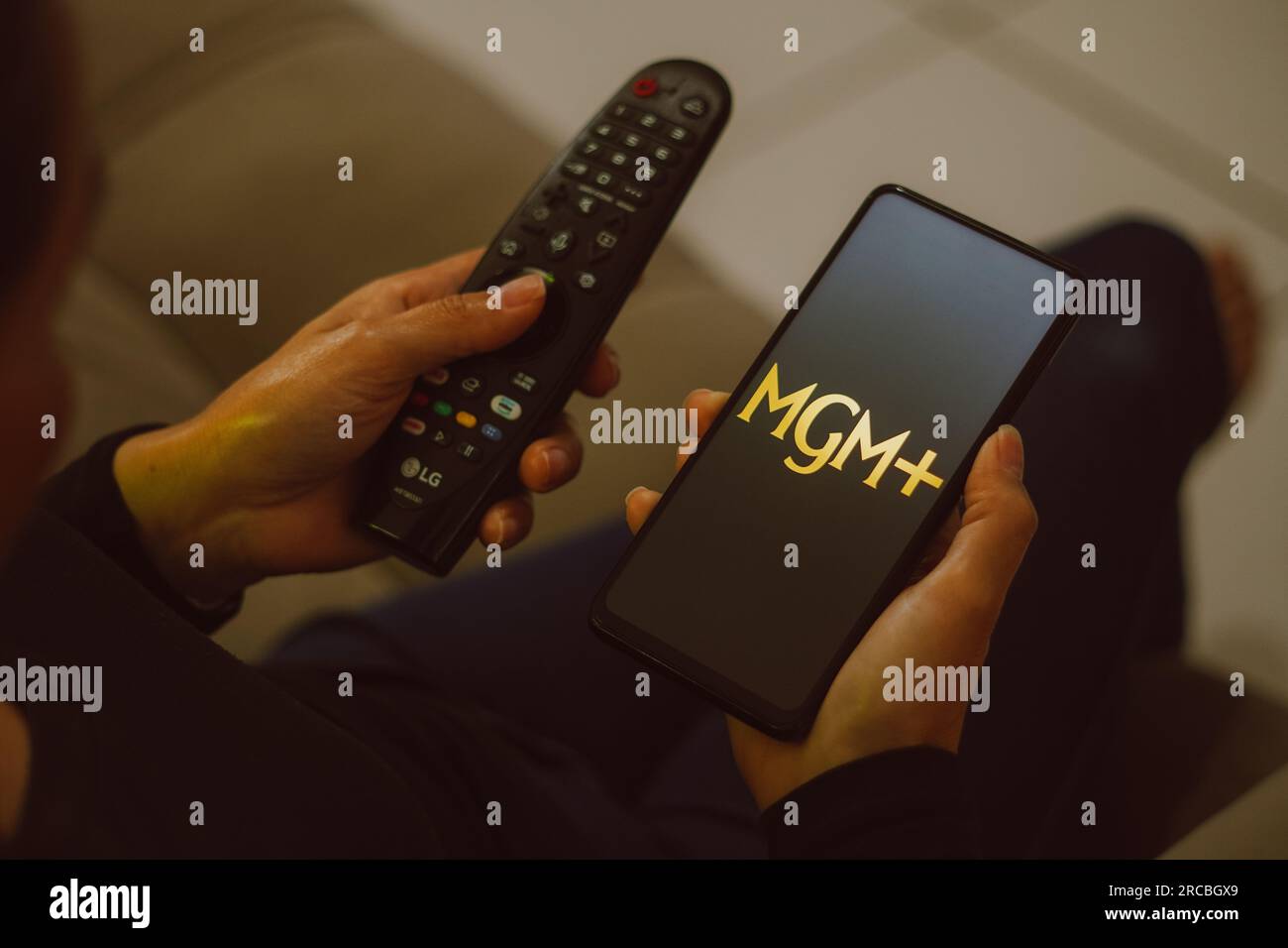 In this photo illustration, the MGM + (MGM Plus) logo seen displayed on a smartphone. Stock Photo