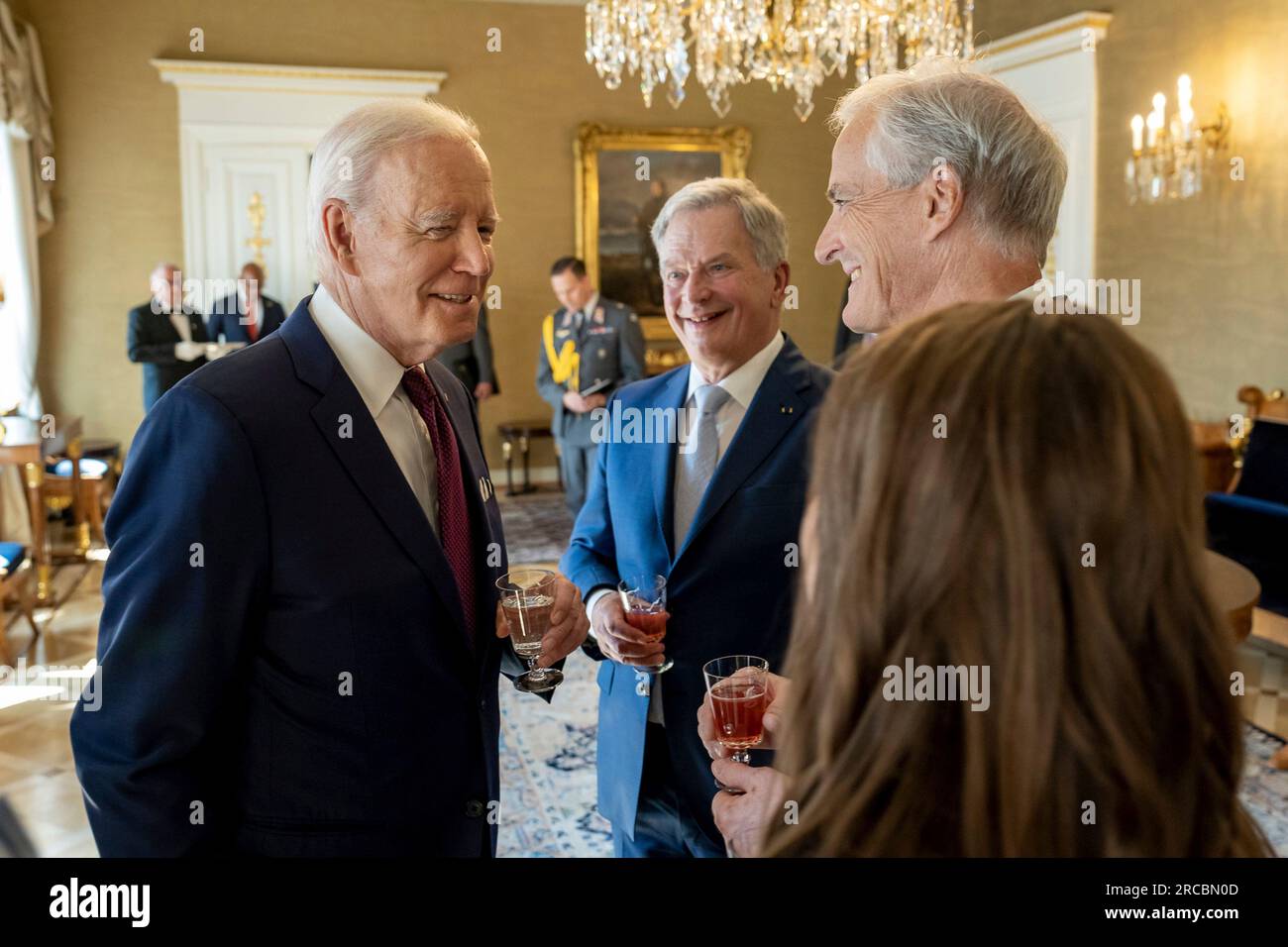 Helsinki, Finland. 13th July, 2023. U.S President Joe Biden, left, chats with Norwegian Prime Minister Jonas Gahr Store, Finnish President Sauli Niinisto, center, and Iceland Prime Minister Katrin Jakobsdottir, right, during a reception for the US-Nordic Leaders Summit at the presidential palace, July 13, 2023 in Helsinki, Finland. Credit: Adam Schultz/White House Photo/Alamy Live News Stock Photo