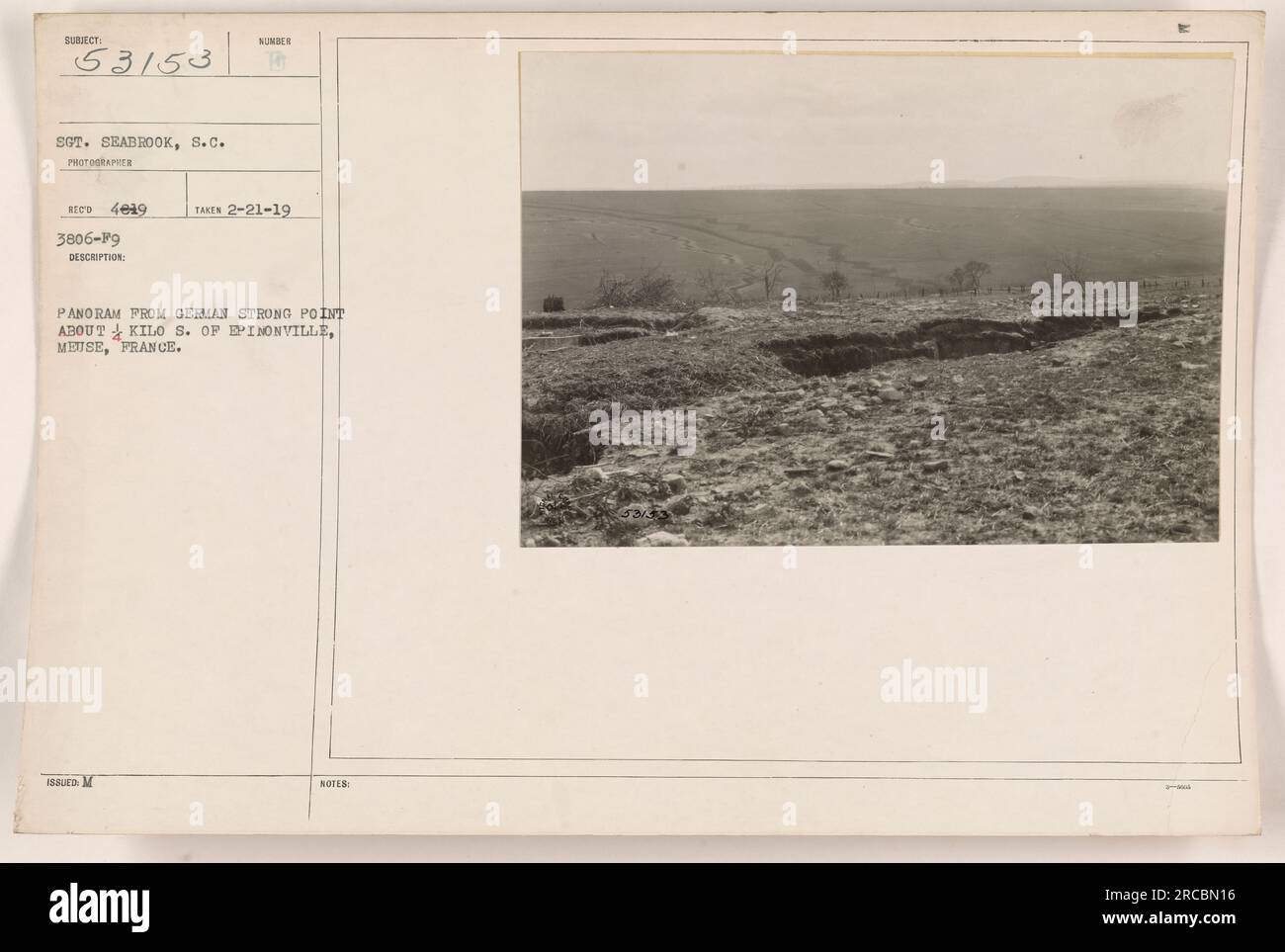 Panoramic photograph taken by Sgt. Seabrook, S.C. Photo shows the view from a German strong point located approximately 1/4 kilometer south of Epinonville, Meuse, France. The photograph was taken on February 21, 1919, and is labeled as Reco 4649 3806-19. Stock Photo