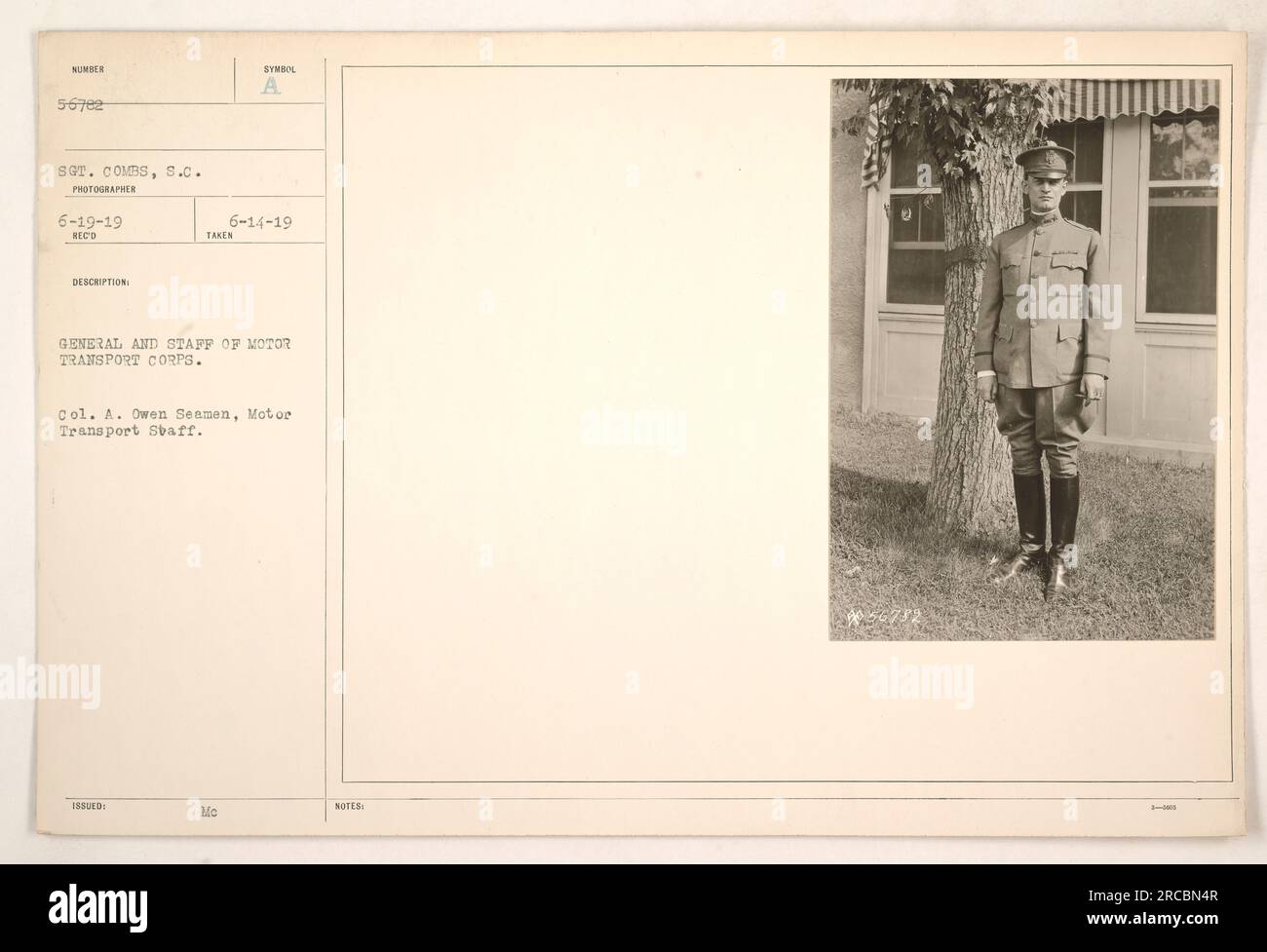 General and staff of the Motor Transport Corps. The photo was taken on June 19th, 1919, and the description was received on June 14th, 1919. The photographer was Sergeant Combs, S.C. The symbol issued for this photograph is 'A'. The Colonel in the photo is A. Owen Seamen from the Motor Transport Staff. Stock Photo