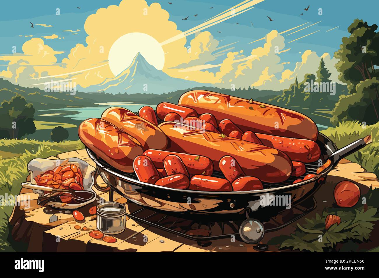 cartoon vector illustration of Sun-kissed hot dog cartoon grilling on a bright summer day Stock Vector