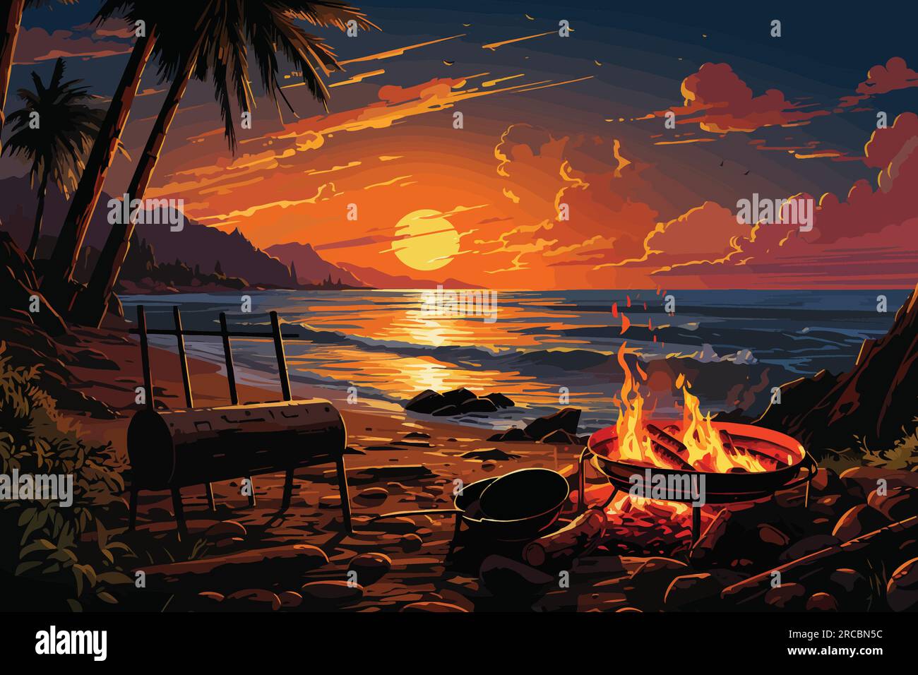 vector illustration of Juicy bratwurst grilling on a beachside bonfire during sunset Stock Vector