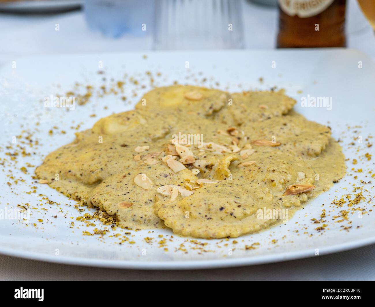 Ravioli served at a restaurant in Cefalù. This historic town is a major travel destination in Sicily. Stock Photo
