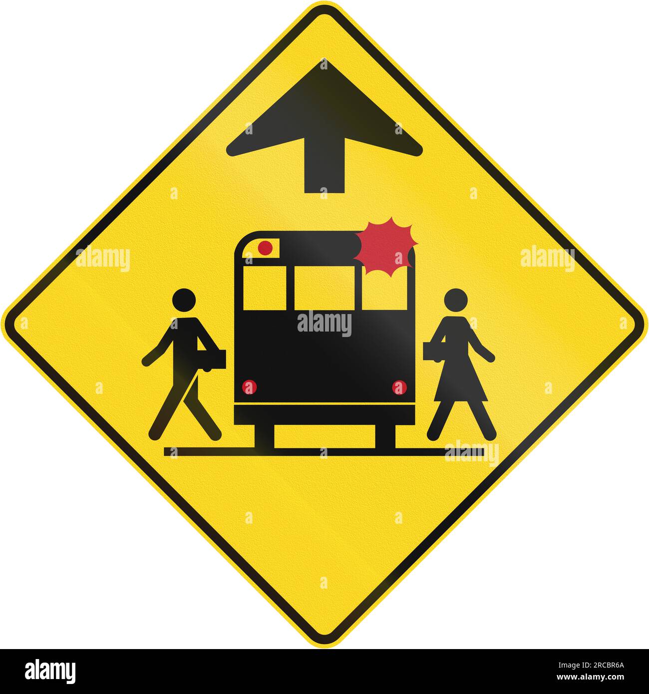 Canadian school warning sign - School bus stop ahead. This sign is used in Quebec. Stock Photo