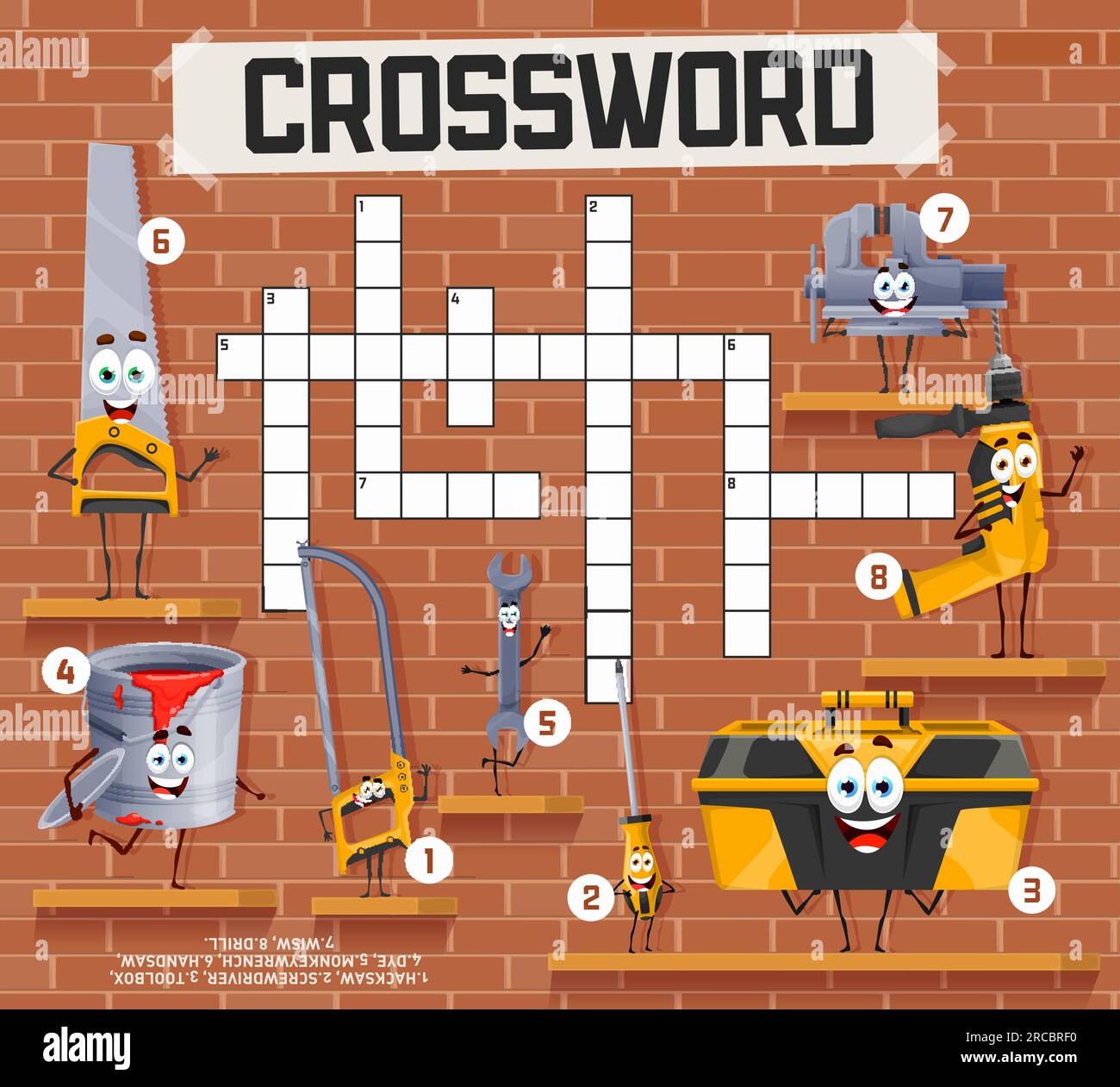 Crossword quiz game grid with cartoon repair and DIY work tool characters, vector worksheet