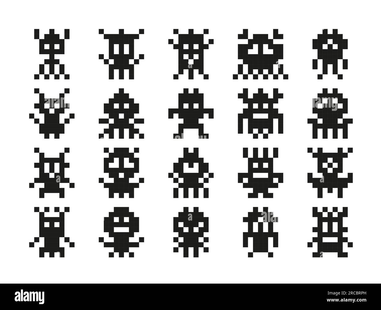 Pixel monsters, arcade games characters of vector alien creatures, space invaders, robots, viruses or trolls. 8 bit pixel art personages of retro computer and video games with funny faces, tentacles Stock Vector