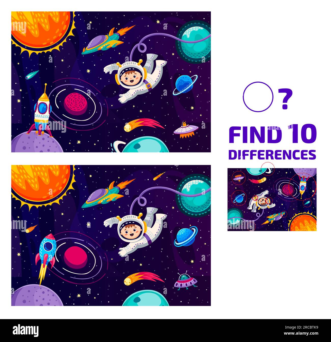 Find ten differences at galaxy landscape, astronaut in outer space and rocketship, vector puzzle