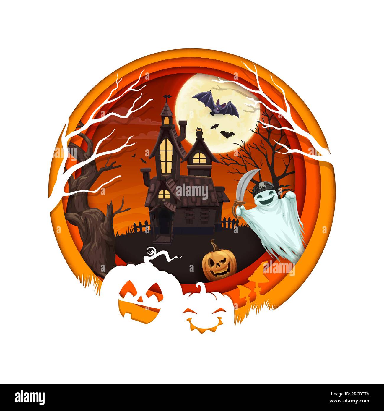 Haunted Paper Vector Halloween paper cut castle and cartoon ghost characters. Vector ...