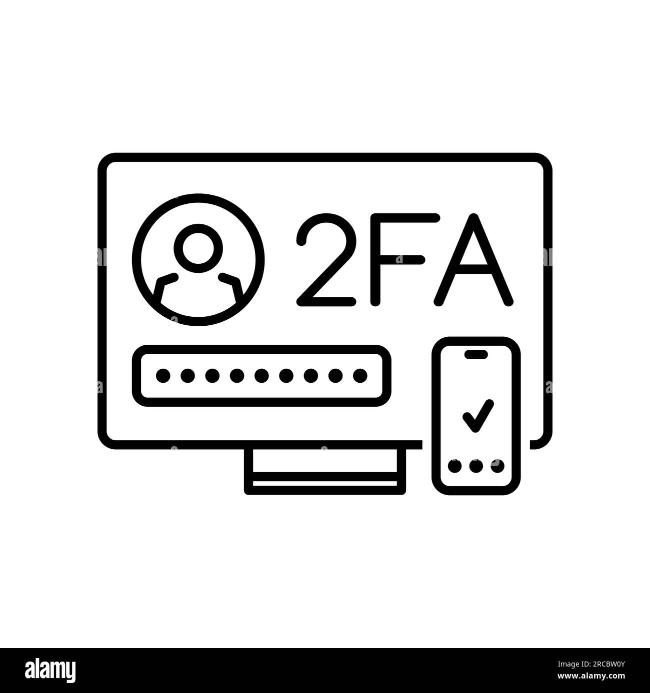 2FA, two factor verification or authentication icon. Vector user identity verification password and login notice on thin line mobile phone and computer screens. 2FA for website or app secure log in Stock Vector
