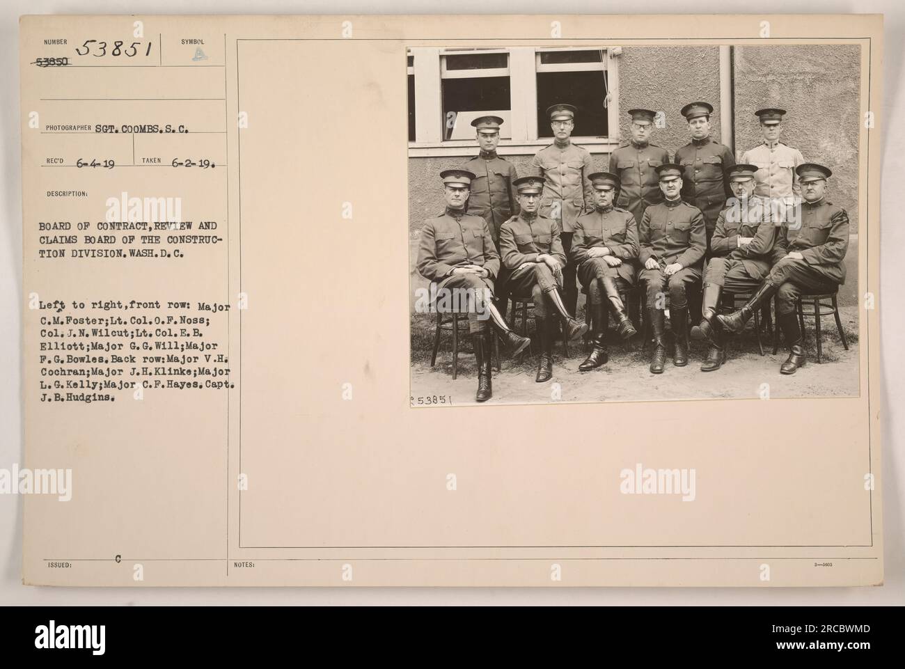 Members of the Board of Contract Review and Claims Board of the Construction Division, Washington D.C., pose for a photograph. Front row, from left to right: Major C.M. Foster, Lt. Col. O.F. Nos8, Col. J.N. Wilcut, Lt. Col. E.B. Elliott, Major G.G. Will, Major F.G. Bowles. Back row: Major V.H. Cochran, Major J.H. Klinke, Major L.G. Kelly, Major C.F. Hayes, Capt. J.B. Hudgins. (Photograph taken on June 2, 1919, by Sgt. Coombs) Stock Photo