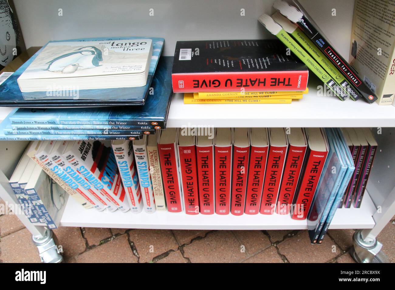 A shelf of some of the banned books being handed out during the MoveOn
