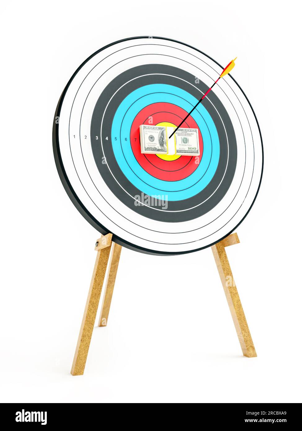 3D rendering of wad of 100 US dollars pinned to archery target center with bow arrow Stock Photo