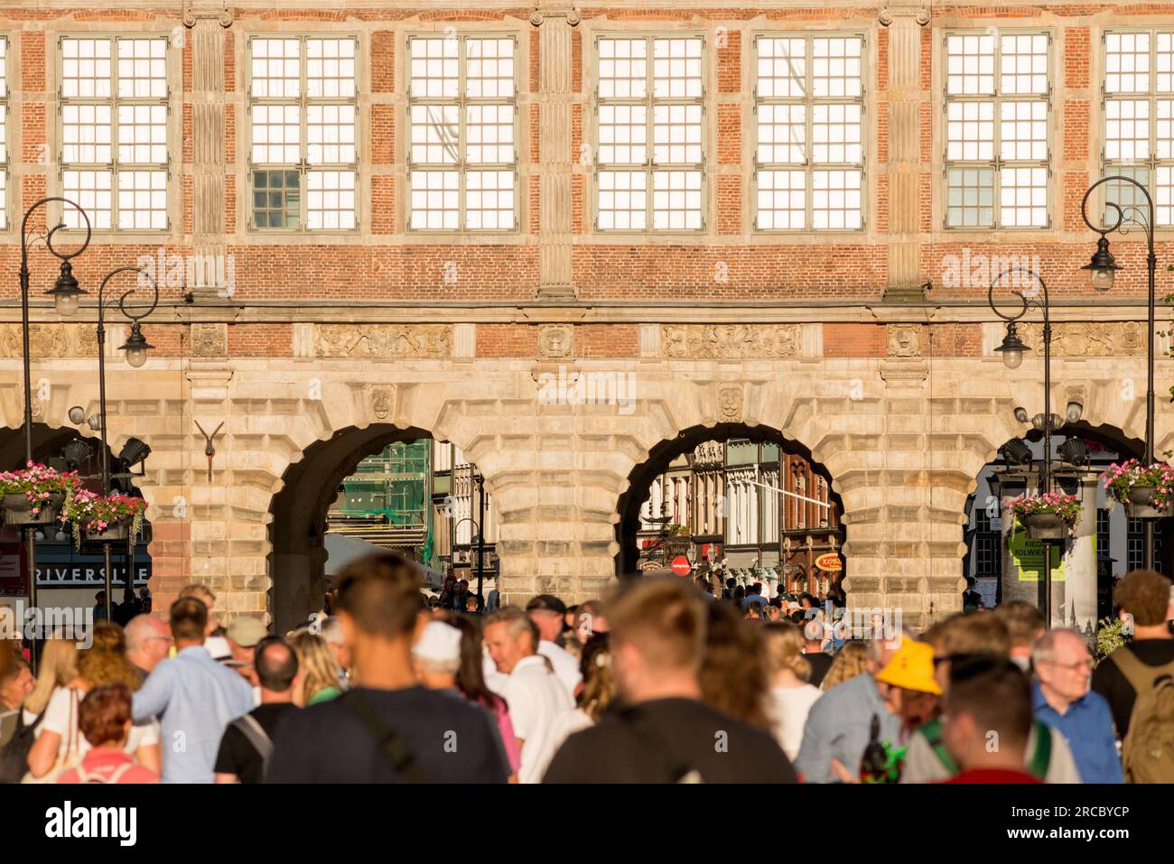 Crowd of tourists at the Green Gate or Brama Zielona in the Old Town of Gdansk, Poland Stock Photo