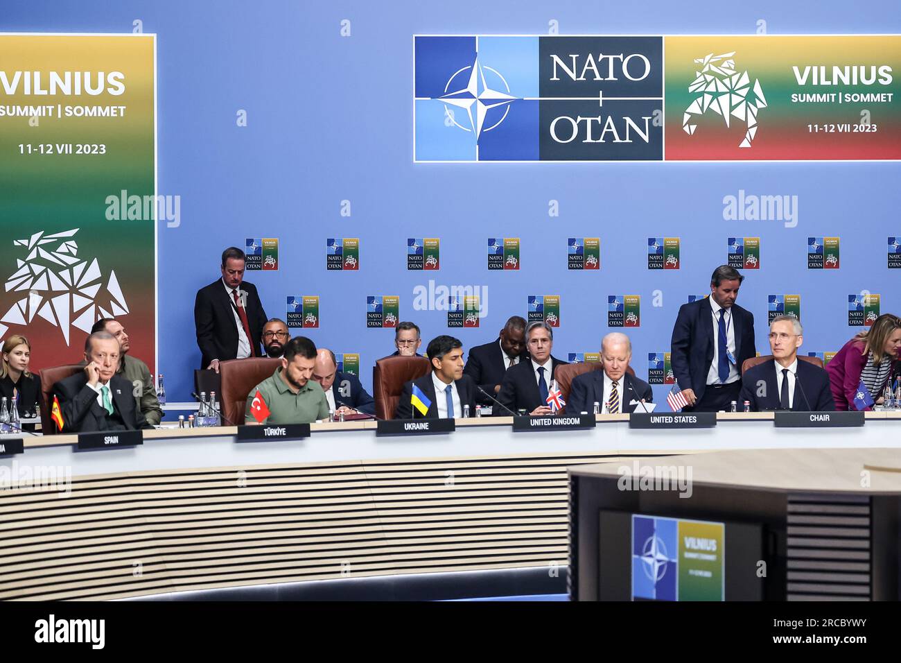 (L-R) President of Turkiye Recep Erdogan, President of Ukraine Volodymyr Zelenskyy, Prime Minister of the UK Rishi Sunak, President of the USA Joe Biden, and Secretary General Jens Stoltenberg sit by the round table at the meeting of the NATO -Ukraine Council at the level of heads of state and government during the high-level NATO summit in Litexpo Conference Centre. The summit agenda covers Ukraine's bid to join the organisation, the accession process of Sweden, boosting arms stockpiles and reviewing defence plans. Stock Photo