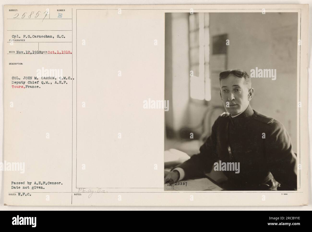 Caption: Cpl. F.G. Carnochan, S.C., Photographer for the RECO, captured this image of Col. John M. Carson, Q.M.C., Deputy Chief Q.M. of the A.E.F, during their tour in Tours, France. The photograph was passed by the A.E.F. Censor, although the exact date of the image is unknown. Issued by the W.P.C. with reference number 25857. Stock Photo