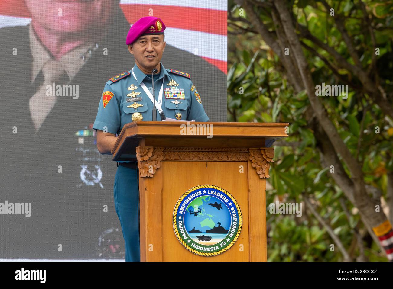 Denpasar, Indonesia. 13th July, 2023. Indonesian Marine Corps Maj. Gen. Nur Alamsyah, commandant, Korps Marinir Republik Indonesia, delivers remarks at the conclusion of the Pacific Amphibious Leaders Symposium, July 13, 2023 in Denpasar, Bali, Indonesia. The symposium involved military leaders from 24 Indo-Pacific nations. Credit: Cpl. Arianna Lindheimer/U.S. Marine Corps/Alamy Live News Stock Photo