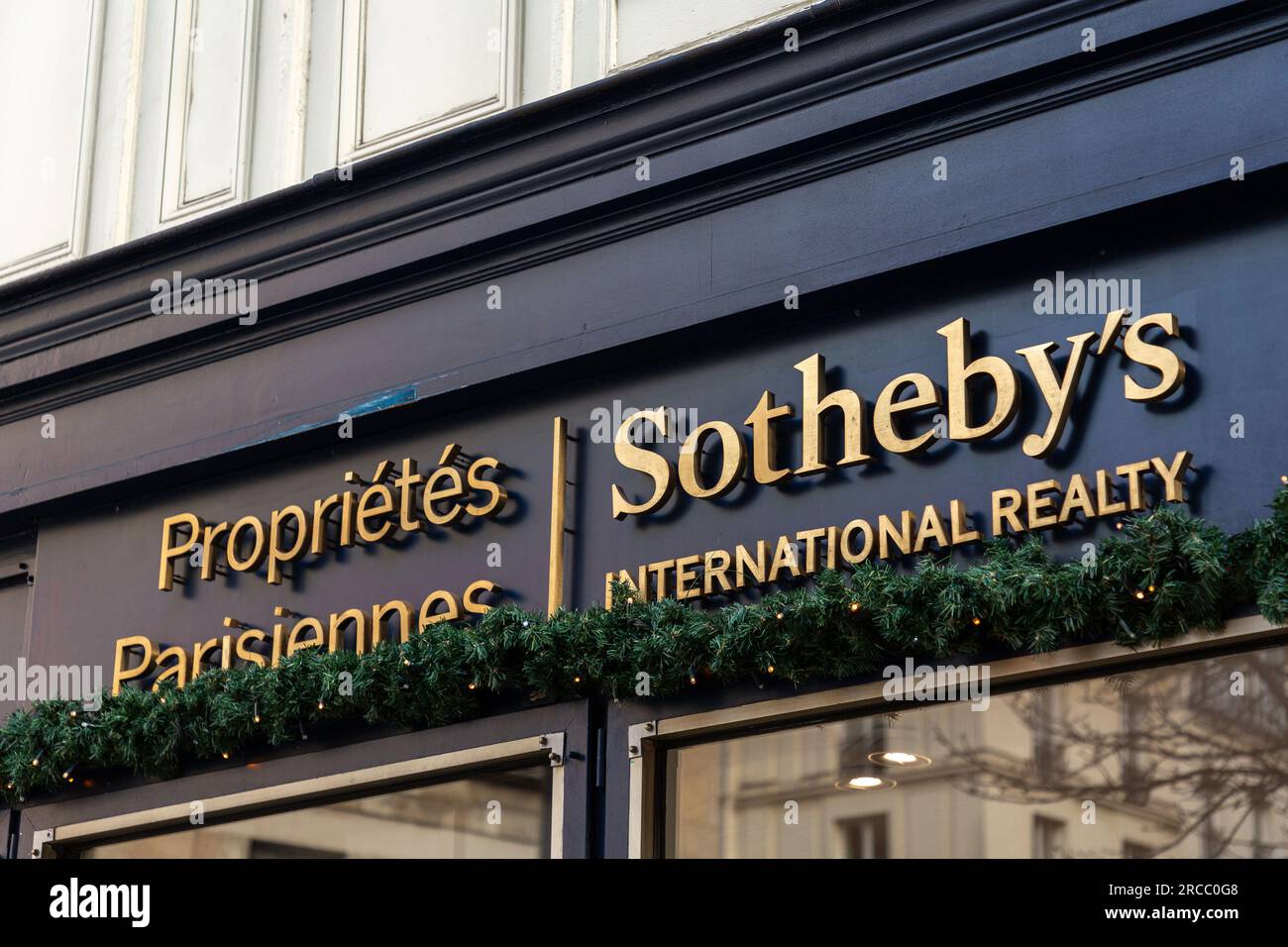 Paris, France - January 20, 2022: Sotheby's International Realty's Paris branch and logo signboard on Rue de Fauburg Saint-Honore, Paris. Stock Photo