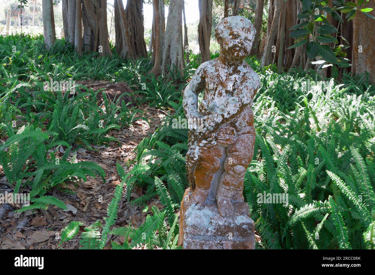 Erosion of a boy stone sculpture in the garden at John and Mable Ringling Museum, Sarasota, Florida. Stock Photo