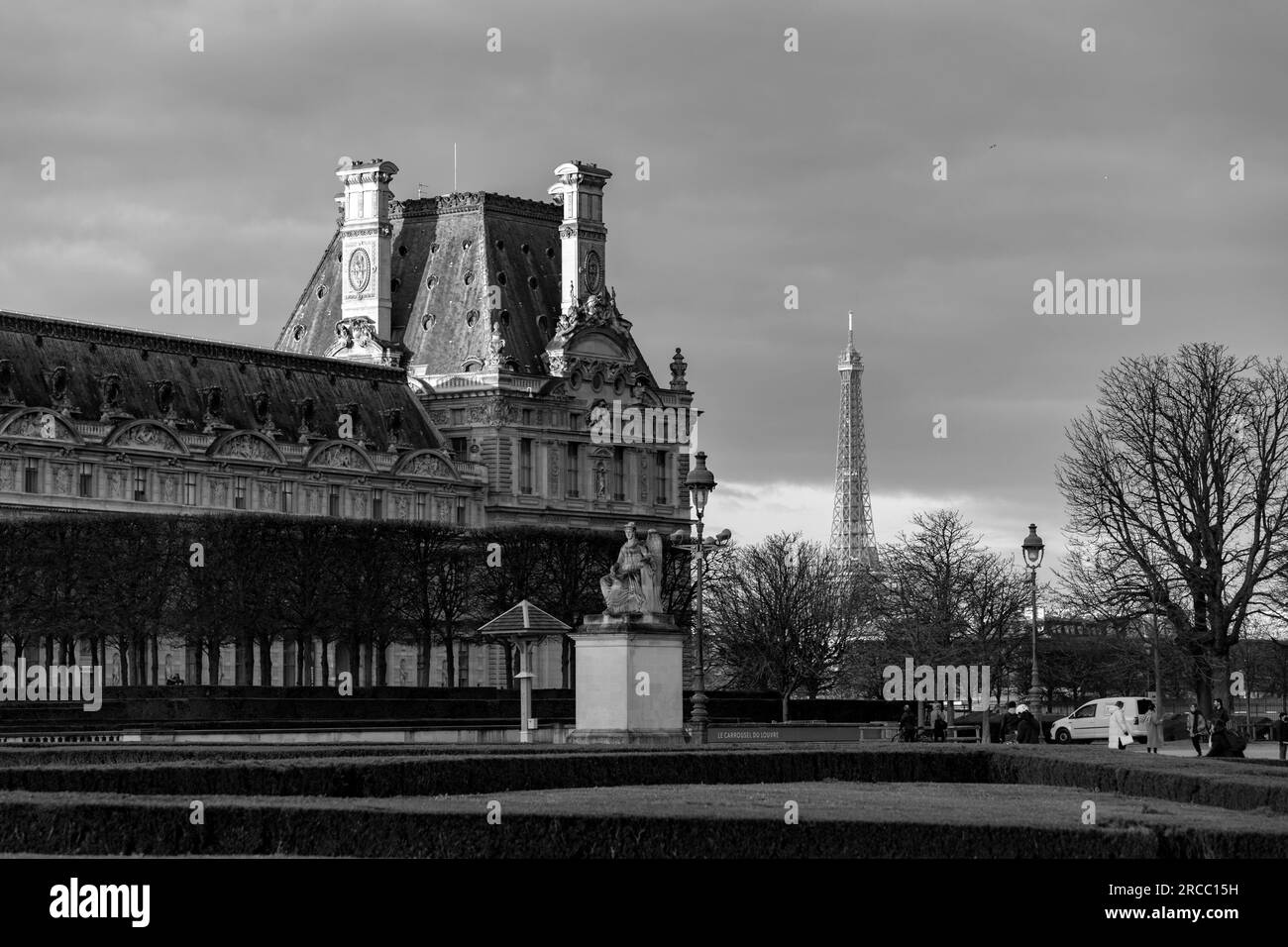 Paris, France - JAN 20, 2022: The iconic Eiffel Tower in a sunny winter day, wrought-iron lattice tower on the Champ de Mars in Paris, France. Stock Photo