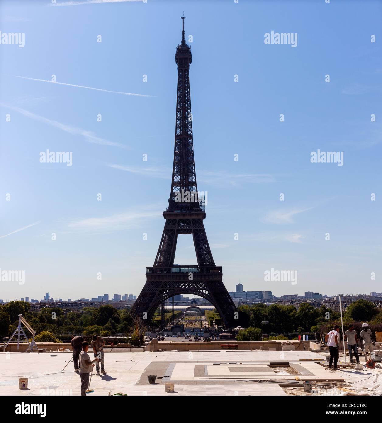Paris, France - July 16, 2022: Construction worker in the Trocadero site with Eiffel tower on the background, Paris. France Stock Photo
