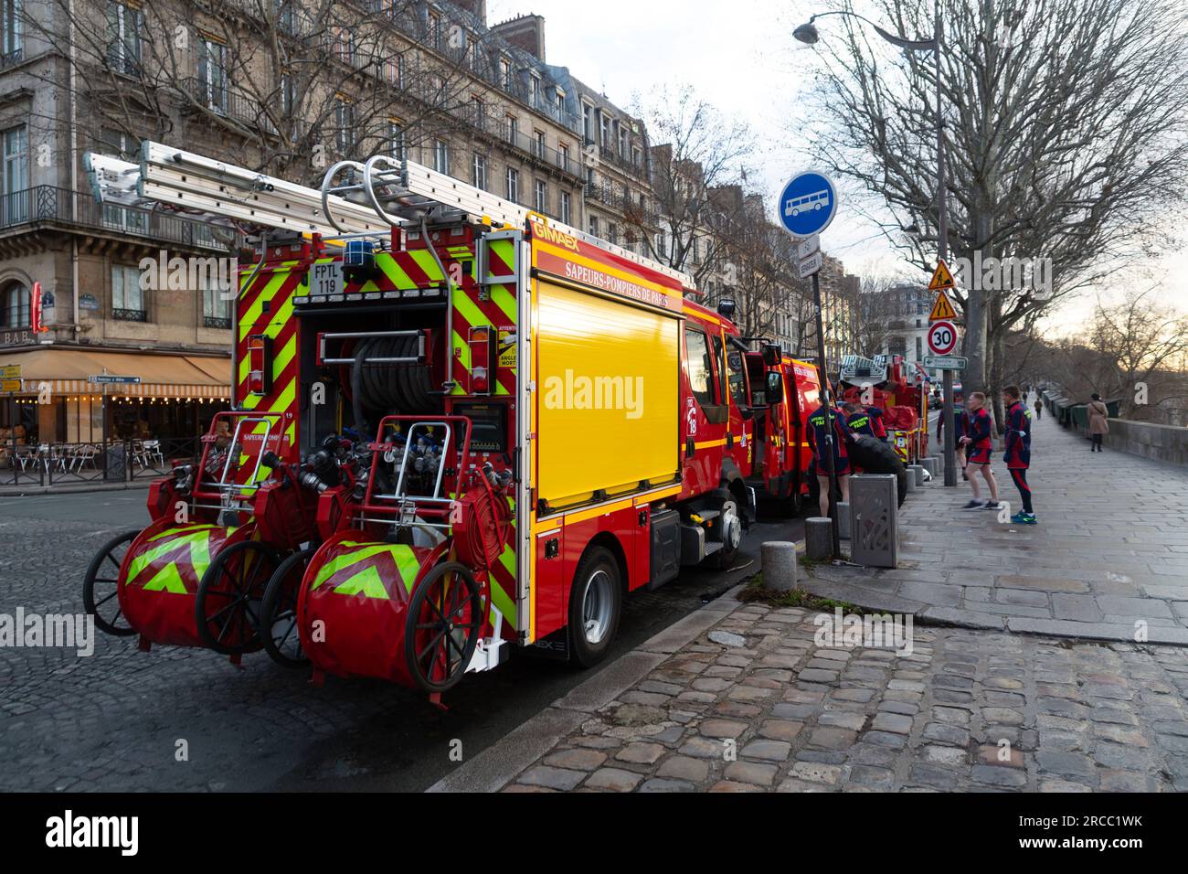 Paris, France - January 20, 2022: The firefighter team of Paris city practising morning workout outdoors in Paris, France. Stock Photo