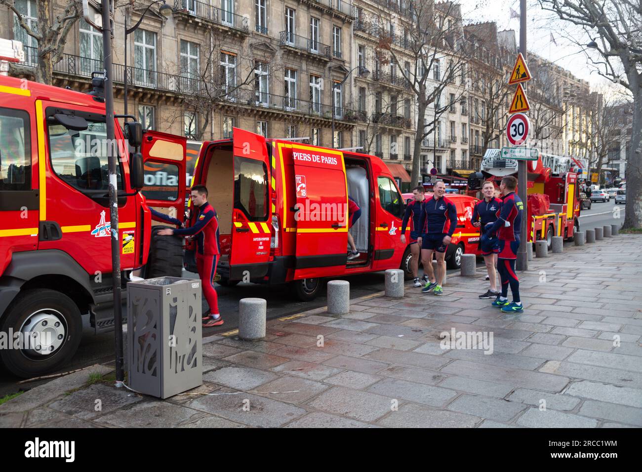 Paris, France - January 20, 2022: The firefighter team of Paris city practising morning workout outdoors in Paris, France. Stock Photo