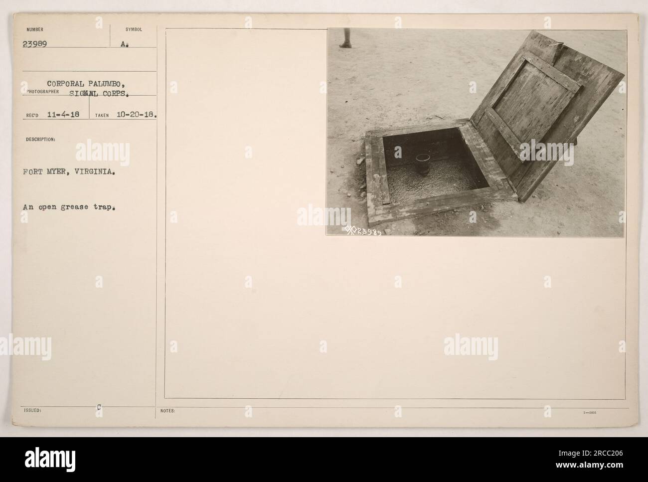 Soldier at Fort Myer, Virginia, captures a photo of an open grease trap during World War I. Photo taken on October 20, 1918, by Corporal Palumbo of the Signal Corps. Symbol issued: A. (No additional notes provided.) Stock Photo