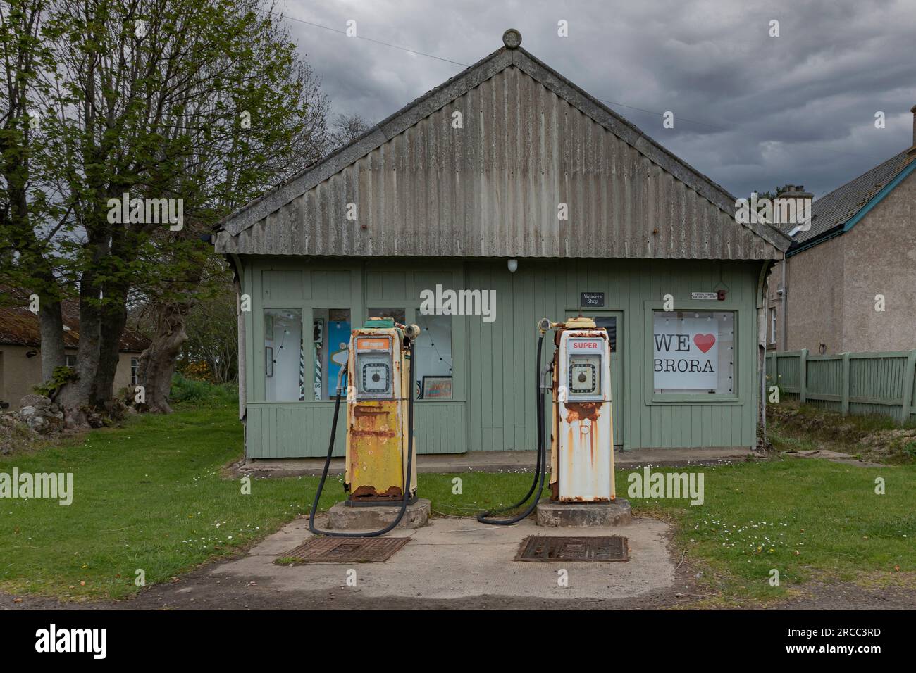 Brora, Scotland, United Kingdom - May 8th 2023 - Old fashioned small local petrol station which has been closed down Stock Photo