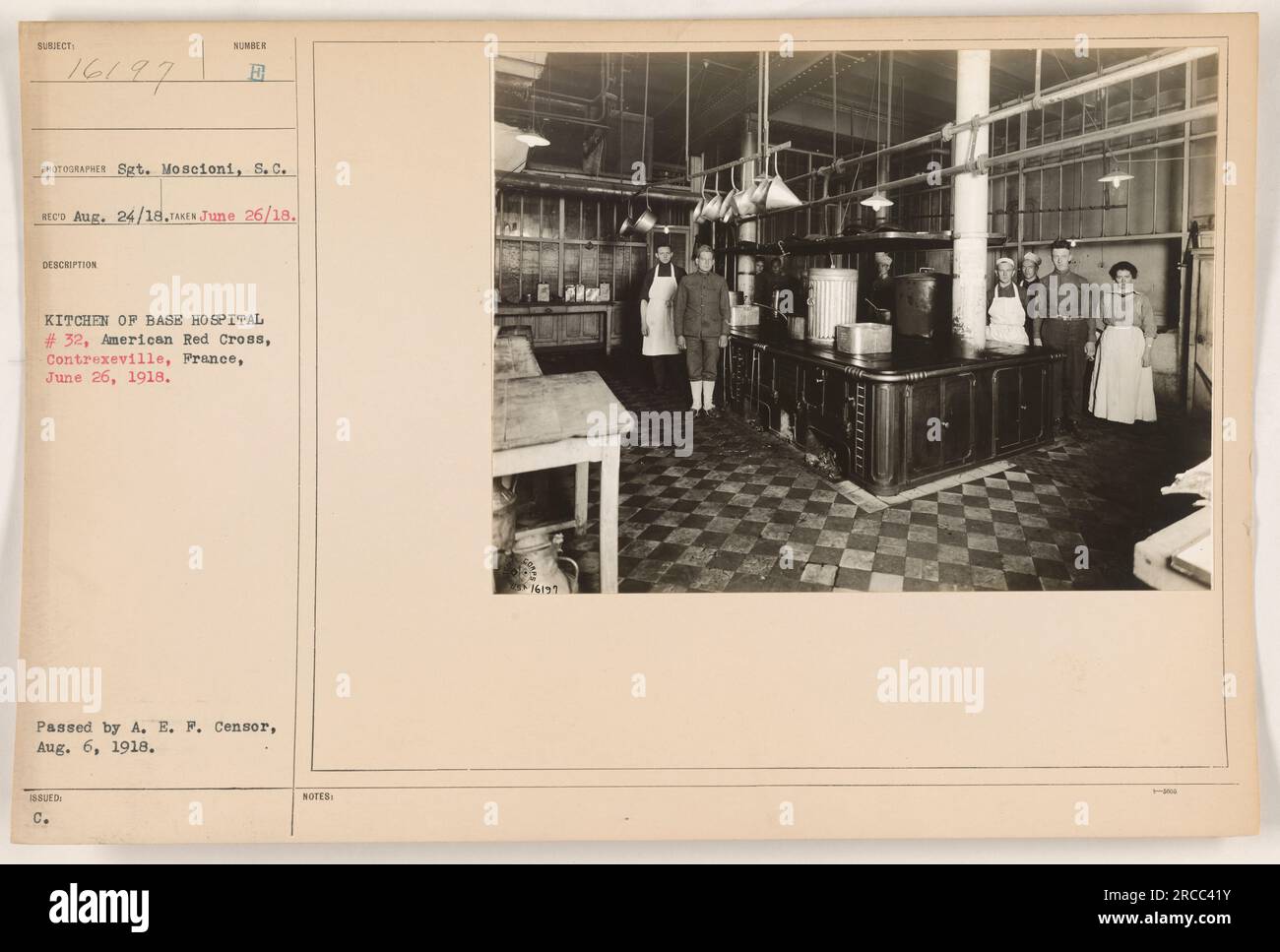 Caption: 'Kitchen of Base Hospital #32, American Red Cross, Contrexeville, France, on June 26, 1918. The photograph was taken by Sgt. Moscioni, S.C. and received on August 24, 1918. It was issued after being passed by A. E. F. Censor on August 6, 1918.' Stock Photo