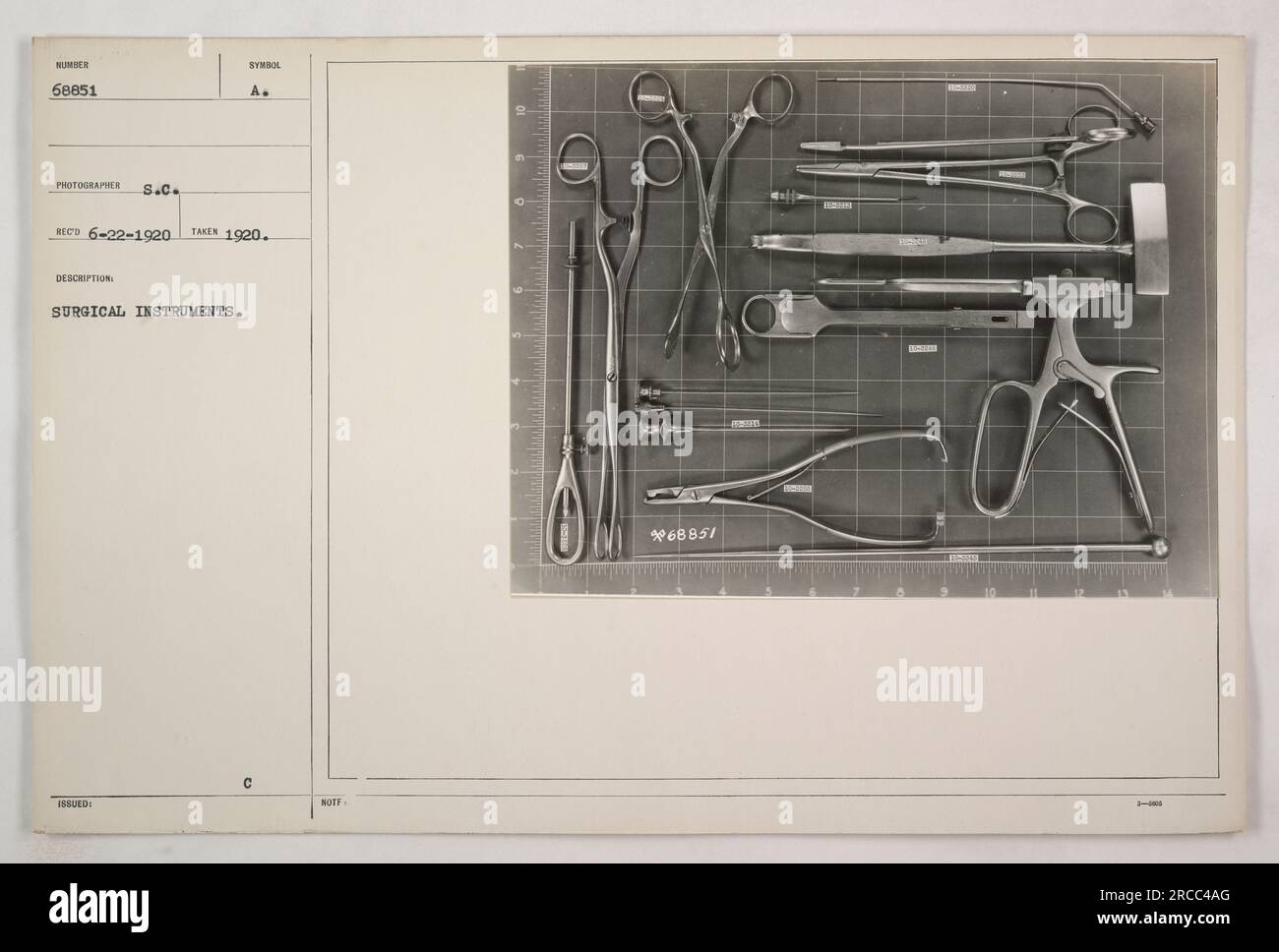 Image of surgical instruments used during World War One, dated 1920
