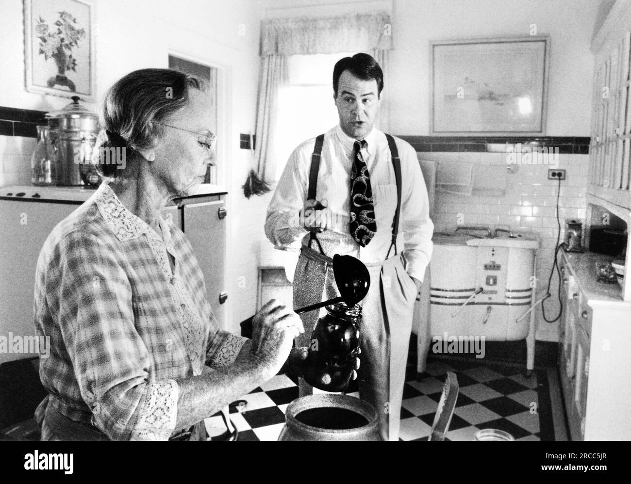 Jessica Tandy, Dan Aykroyd, on-set of the Film, 'Driving Miss Daisy', Warner Bros., 1989 Stock Photo