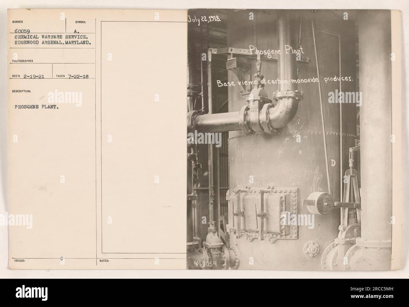 Image showing a base view of the Phosgene plant at Edgewood Arsenal in Maryland. The plant is a symbol of the Chemical Warfare Service. The photograph was taken on July 22, 1918, and indicates that it was issued. The image shows the carbon-monoxide producer for the Phosgene plant. Stock Photo