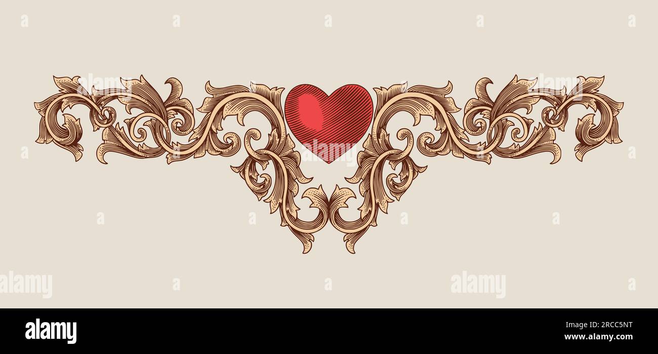 heart with gold floral ornament, Vintage engraving drawing style, antique design vector illustration Stock Vector