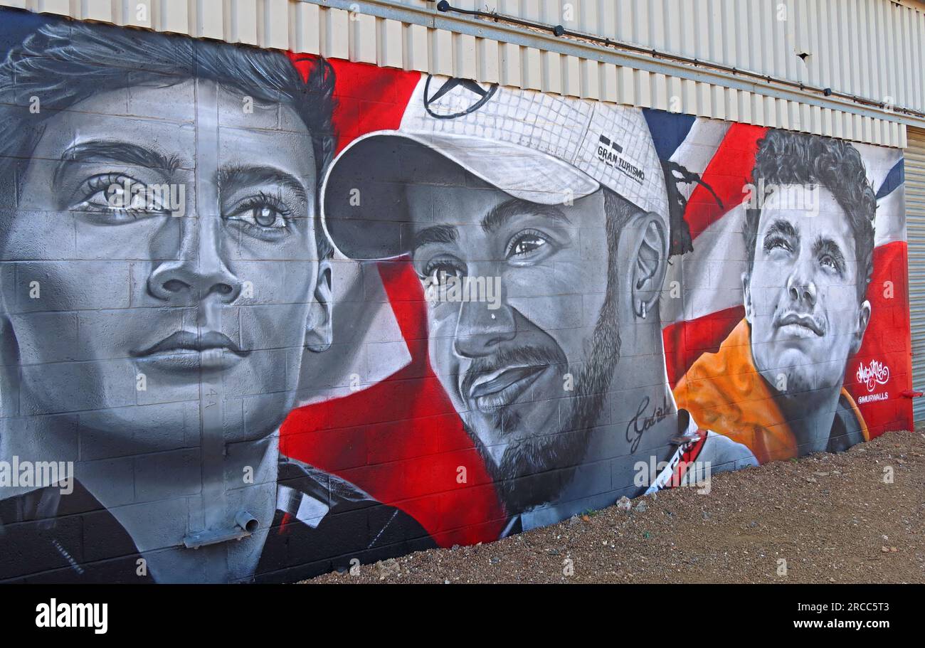 Lewis Hamilton, Lando Norris and George Russell, Mural by Murwalls , at Silverstone, Towcester, Northamptonshire, England, UK,  NN12 8TL Stock Photo