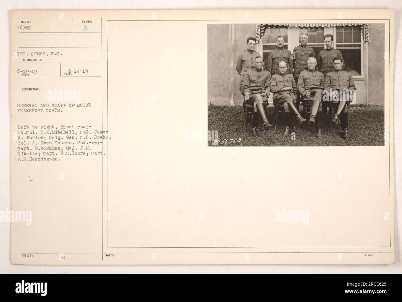 General and staff of the Motor Transport Corps, photographed on June 14, 1919. Pictured from left to right in the front row: Lt. Col. D.K. Mitchell, Col. James W. Furlow, Brig. Gen. C.B. Drake, Col. A. Owen Seamen. In the second row: Capt. B. McMahan, Maj. J.M. Ritchie, Capt. H.S. Roome, Capt. A.W. Herrington. Photo taken by Sgt. Combs. Stock Photo