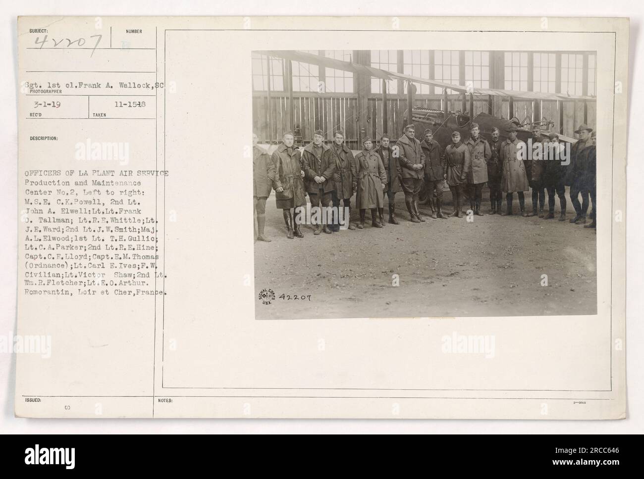 11-SC-42207 is a photograph taken by Sgt. Prank A. Wellock on March 1, 1919, at La Plant Air Service Production and Maintenance Center No. 2 in Romorantin, Loir et Cher, France. The image shows a group of officers standing together. The names and ranks of the officers are listed in the description. Stock Photo