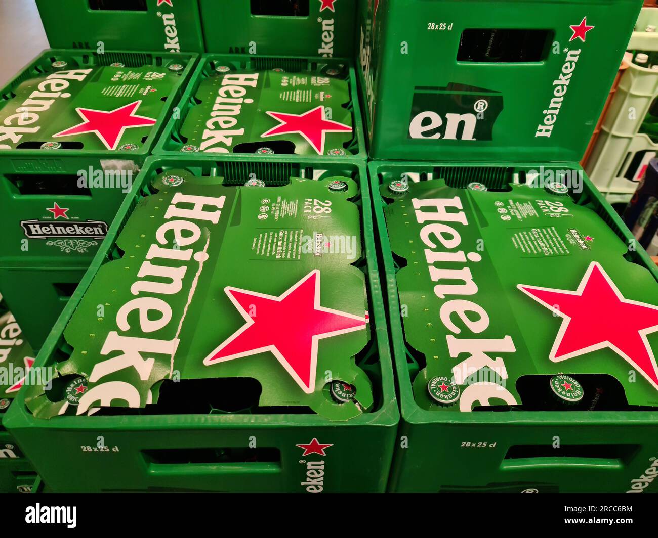 Kiel, Germany 13. July 2023 A stack of heineken beer crates in a