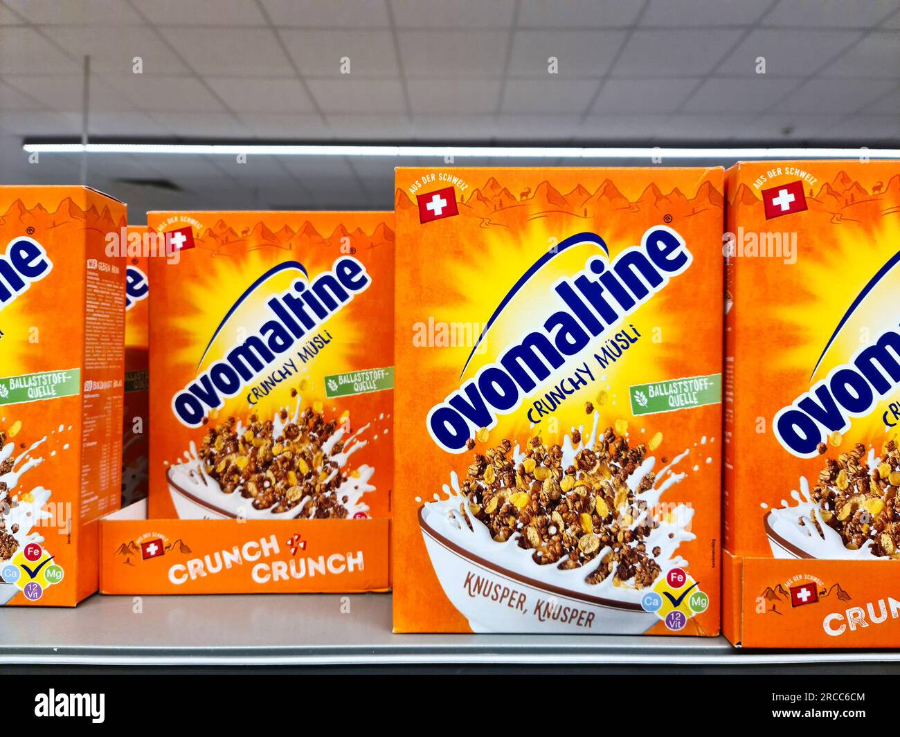 Kiel, Germany 13. July 2023 Many boxes of Ovomaltine brand muesli on